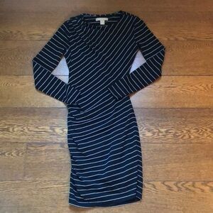 Banana Republic Black and White Striped Ruched Long Sleeve Sheath Dress XS
